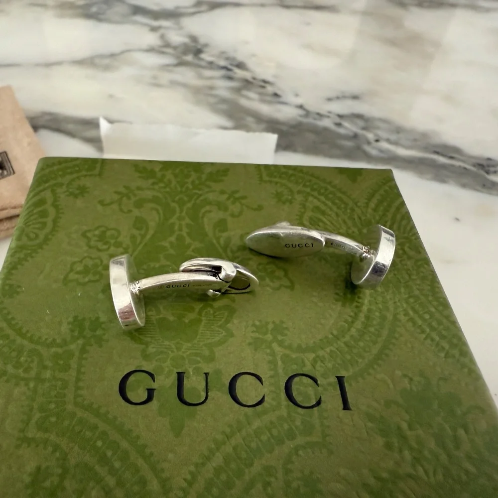 Gucci 681283 Silver Cufflinks with Green GG inlay, with box